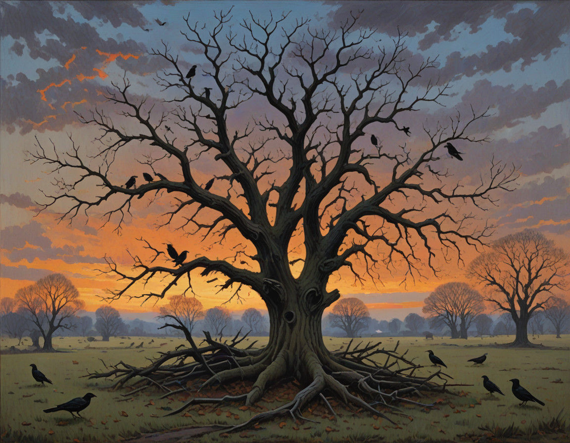 A Weathered Oak Tree in a Dark Winter Landscape