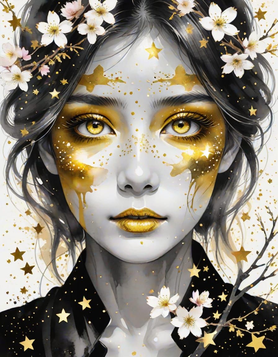 Golden Eyes and Cherry Blossoms Watercolor Art