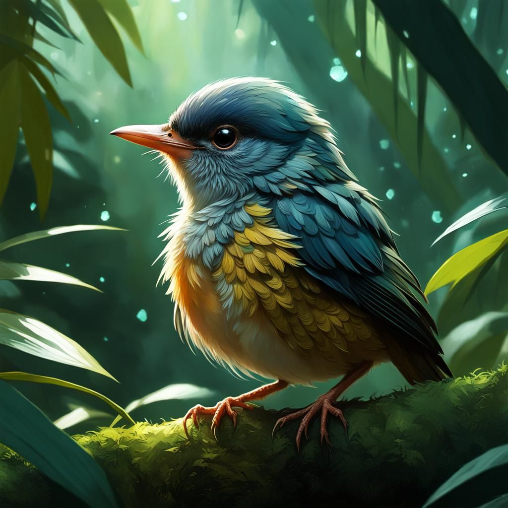 Mystical Baby Bird in Jungle, Detailed Studio Photo