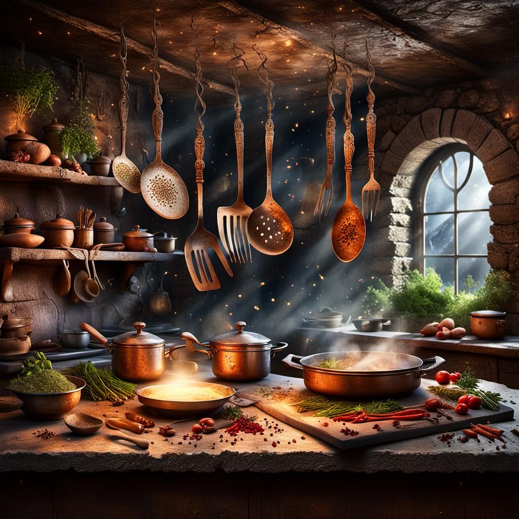 Magic Cookbook with Runes in Rustic Kitchen