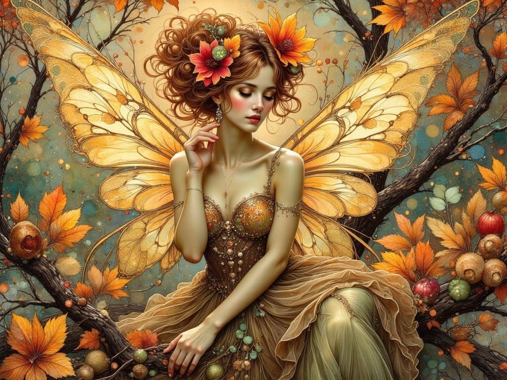 Art Nouveau Autumn Fairy Oil Painting