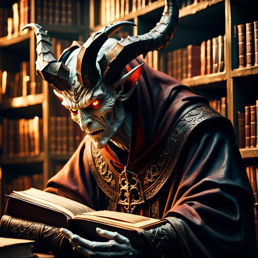 Demonic Assistant in Mystical Library: Dark Fantasy