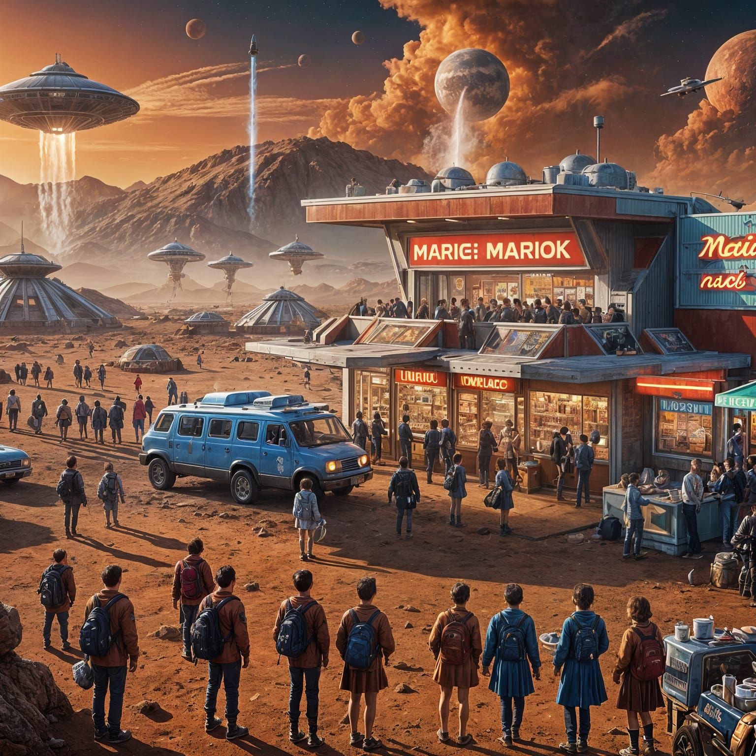 Martian Coffee Shop Gathering with Spaceships