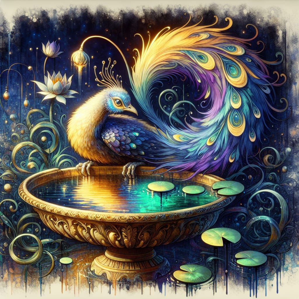 Mythical Bird on Antique Bath in Pre-1912 Watercolor Style
