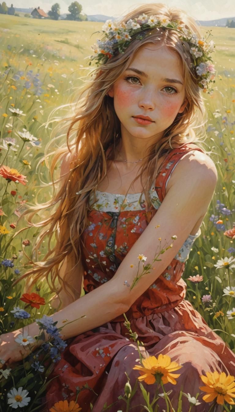 Girl in a Flowering Meadow