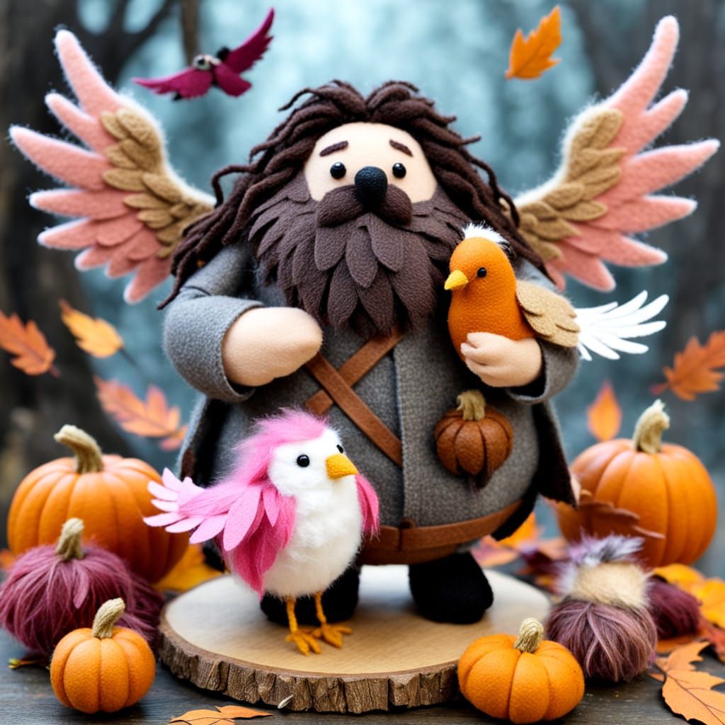 Hagrid hugging a pink felt Buckbeak