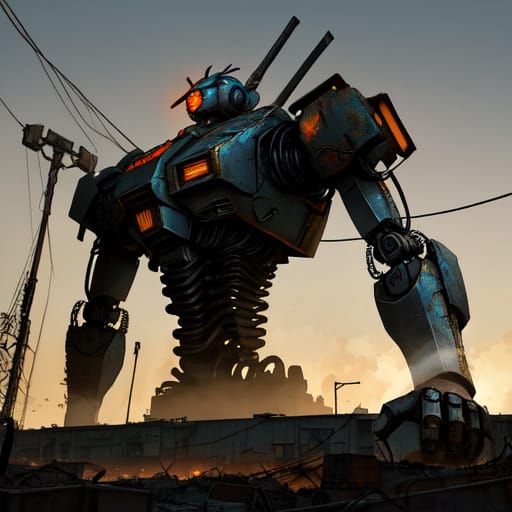 Robot Mech Concept Art in Grimy Junkyard