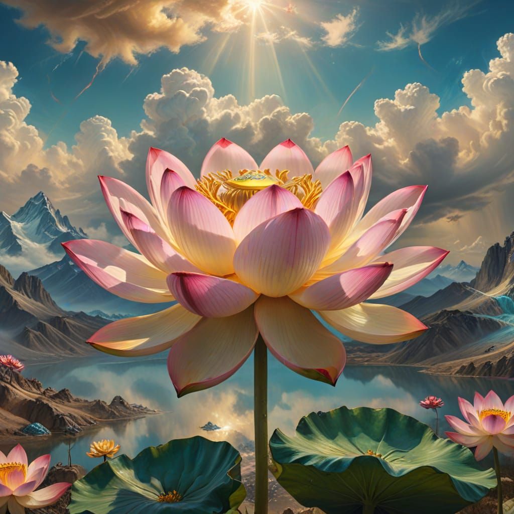 A surreal painting of a giant lotus flower blooming on a mou...