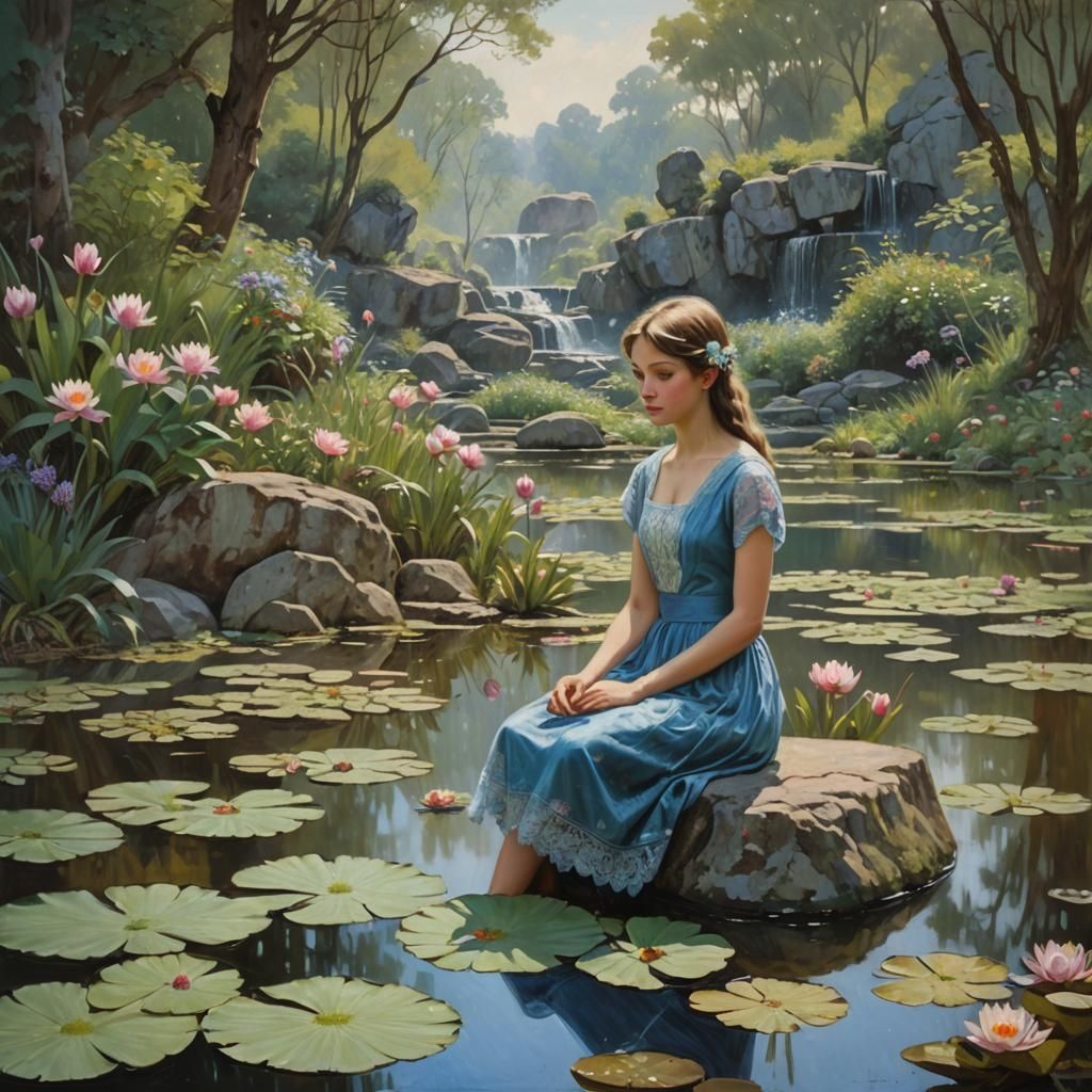 Girls Gathering Lilies by Waterfall, Oil Painting