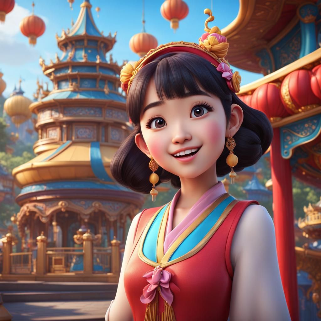 Joyful Chinese Girl in Whimsical Disney Style Park