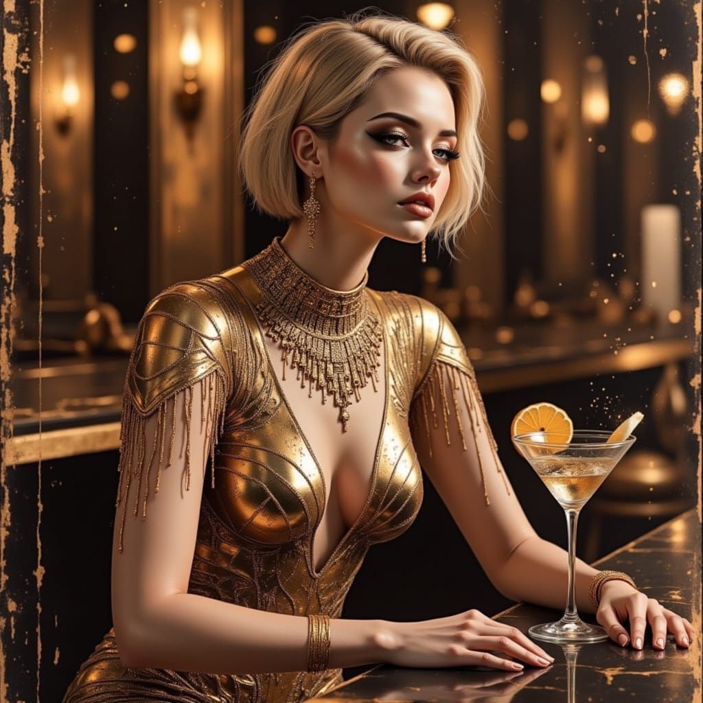 Futuristic Art Deco Club Scene with Blonde Woman