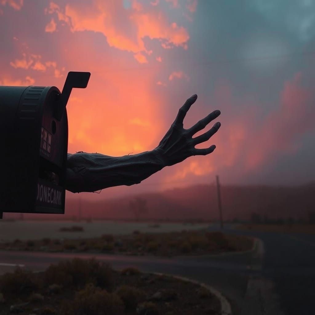 Eerie Arm Emerges from Mailbox in Gothic Horror Style