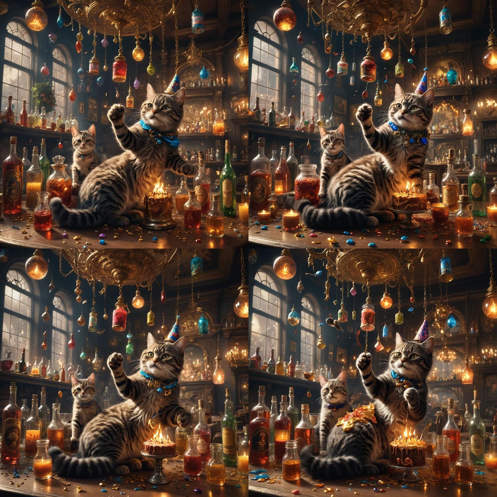 Cats Celebrate with Flaming Cake, Digital Art