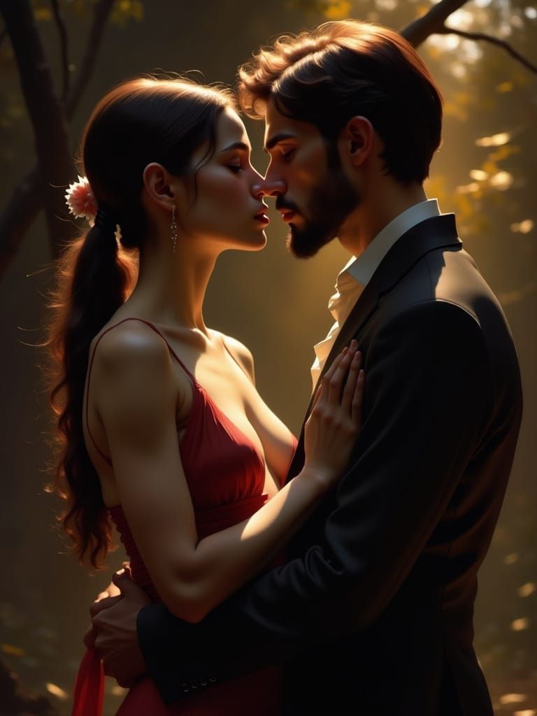 Romantic Couple Embrace in Darkness: Impressionist Style