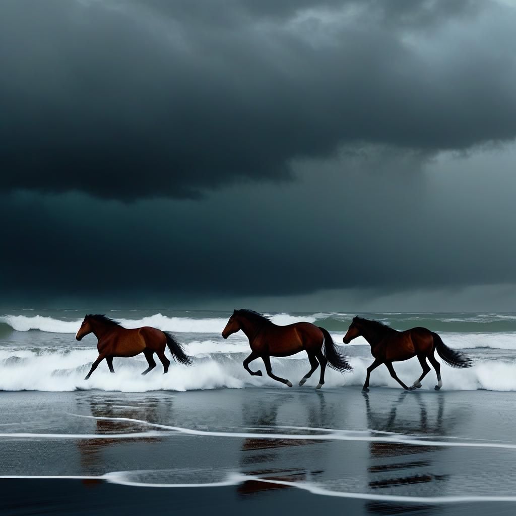 Horses Galloping on a Misty Coastline