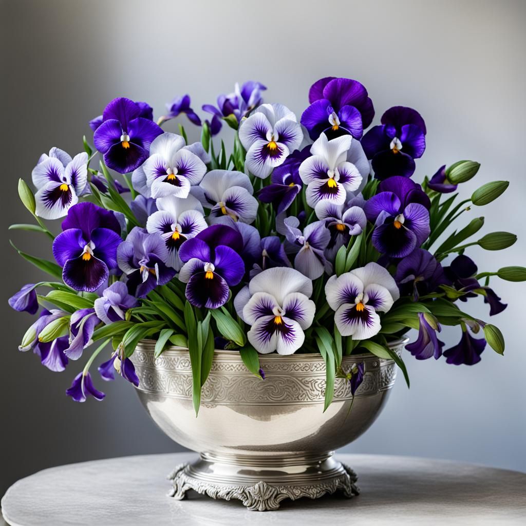 Floral Arrangement: Irises and Pansies in Silver Bowl