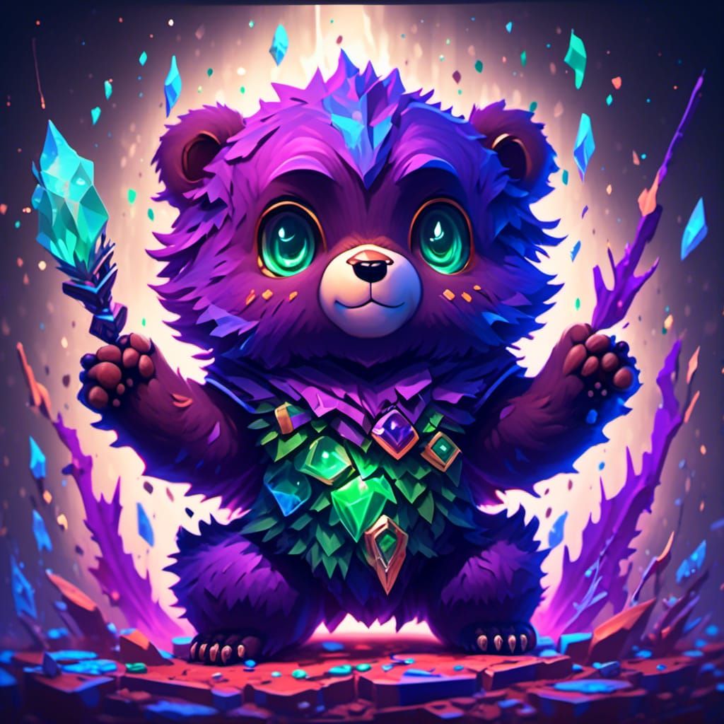 Colorful Chibi Bear with Emerald Fur, Detailed Art