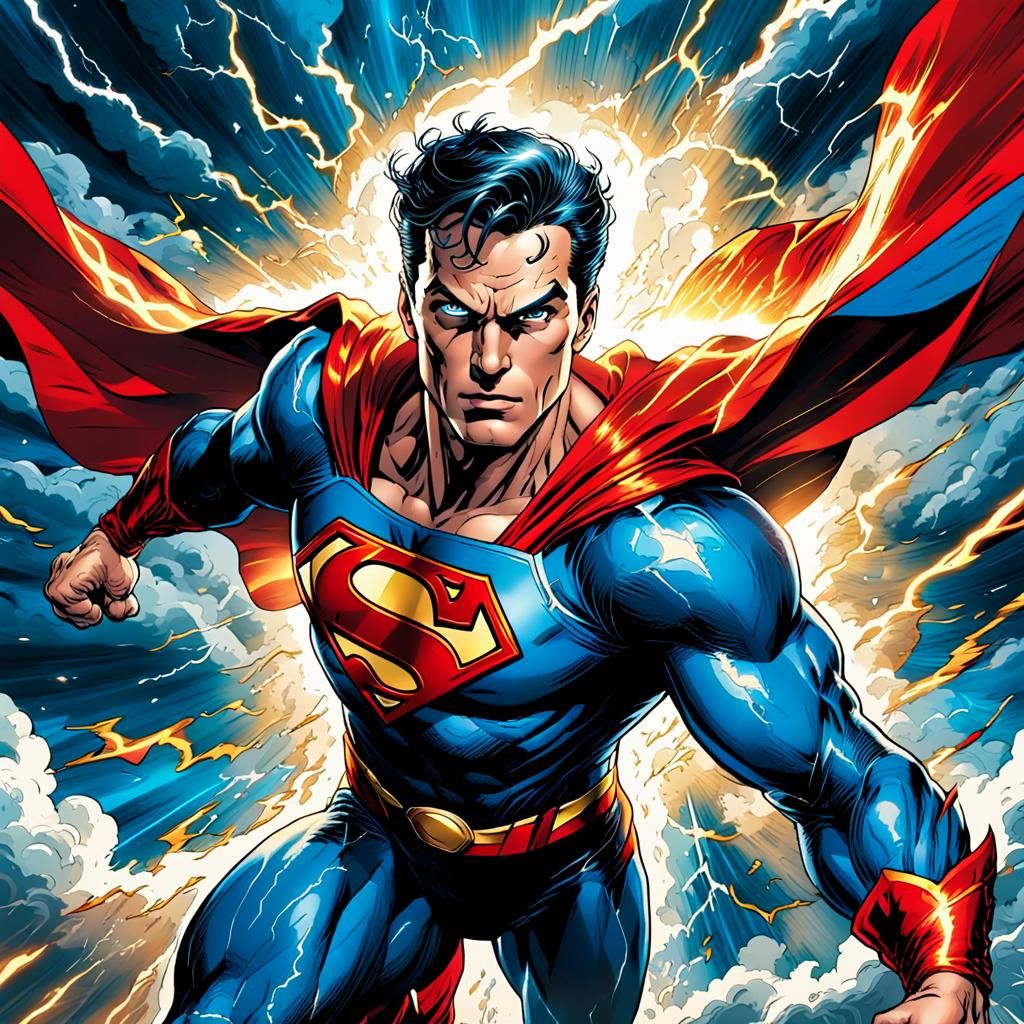 Super Man Flies Through Stormy Sky in Comic Book Art