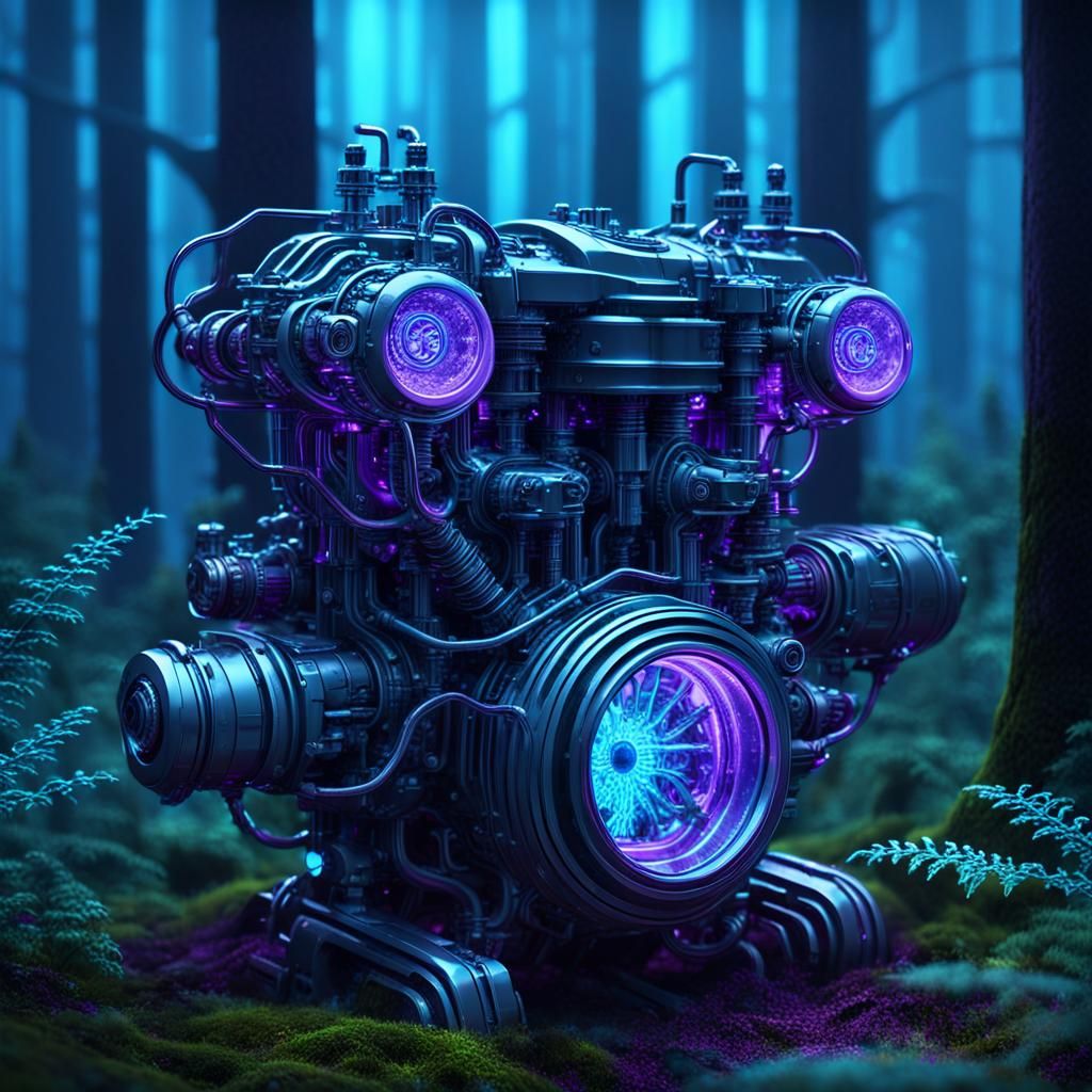 Eerie Futuristic Engine in Mystical Forest