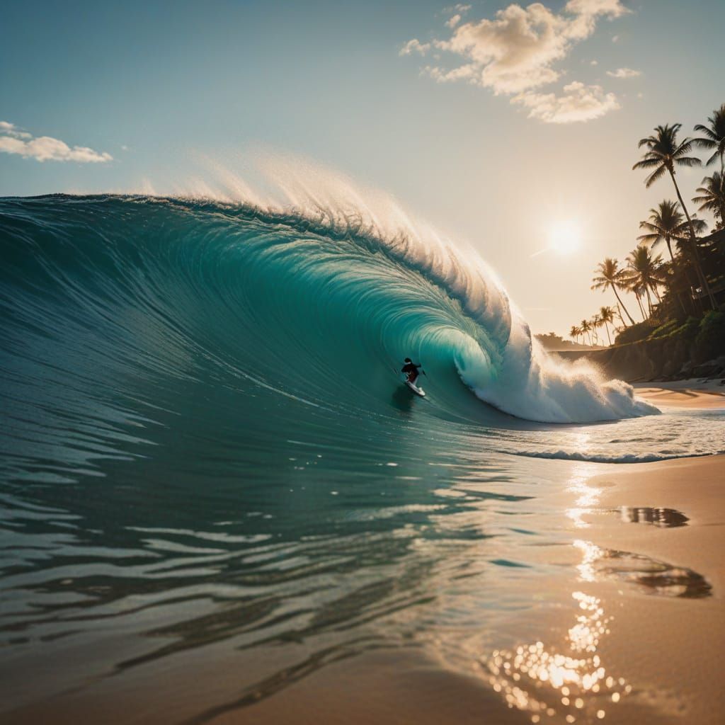 Surfer Rides Pipeline's Mighty Wave in Tropical Paradise