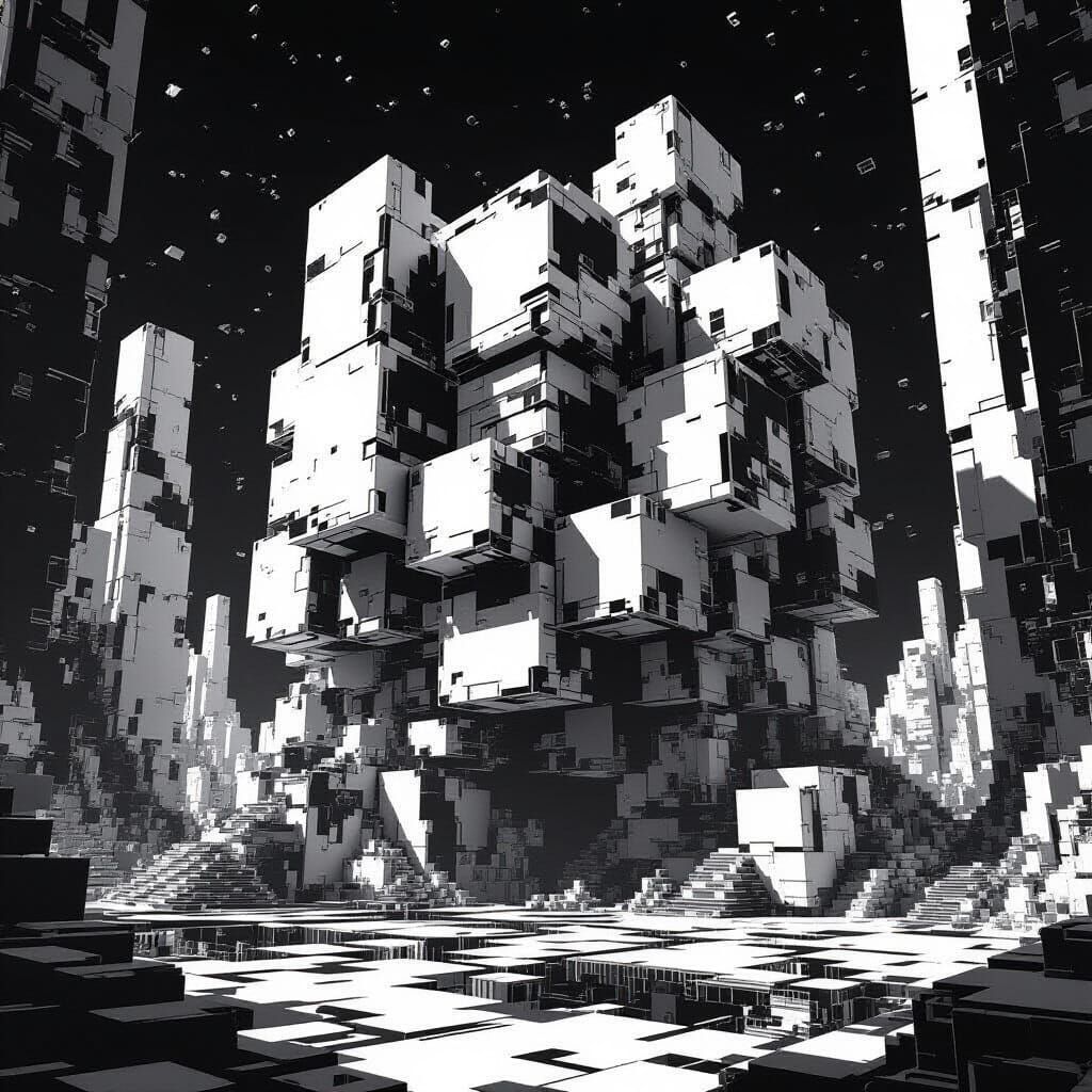 Monochromatic Cube Architecture in Voxelized 8-bit Style