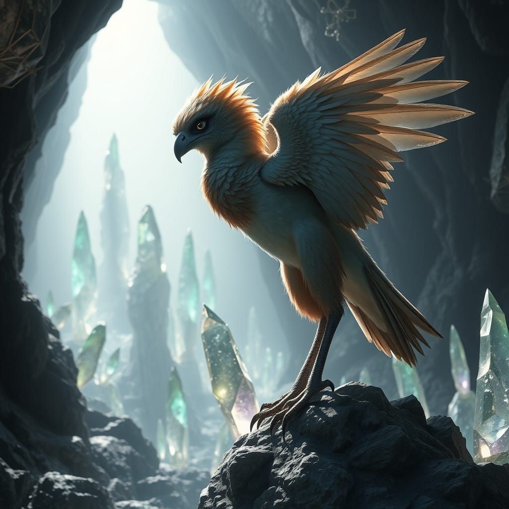Birdgirl of Crystal Splendor in Futuristic Cave