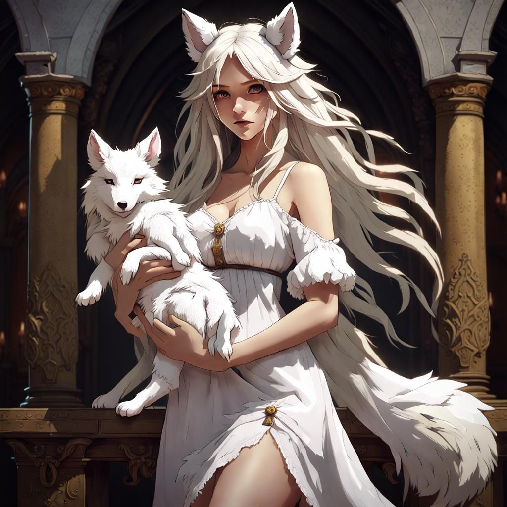 Fantasy Woman with Wolf Features in Art Nouveau Style