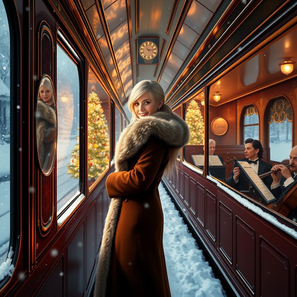 Statuesque Woman in Art Deco Train Enjoys Festive Christmas...