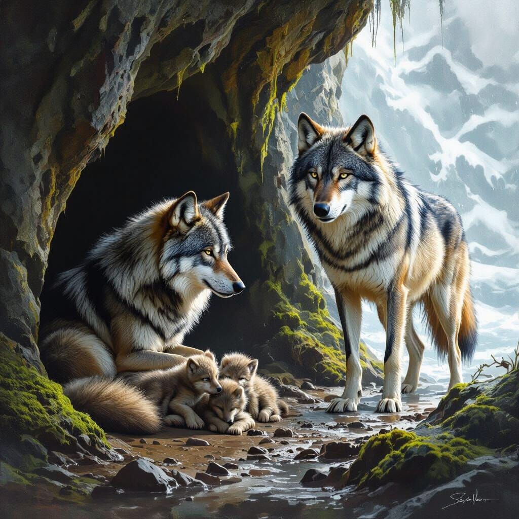 Wolf Family in Mossy Cave with Male Guardian