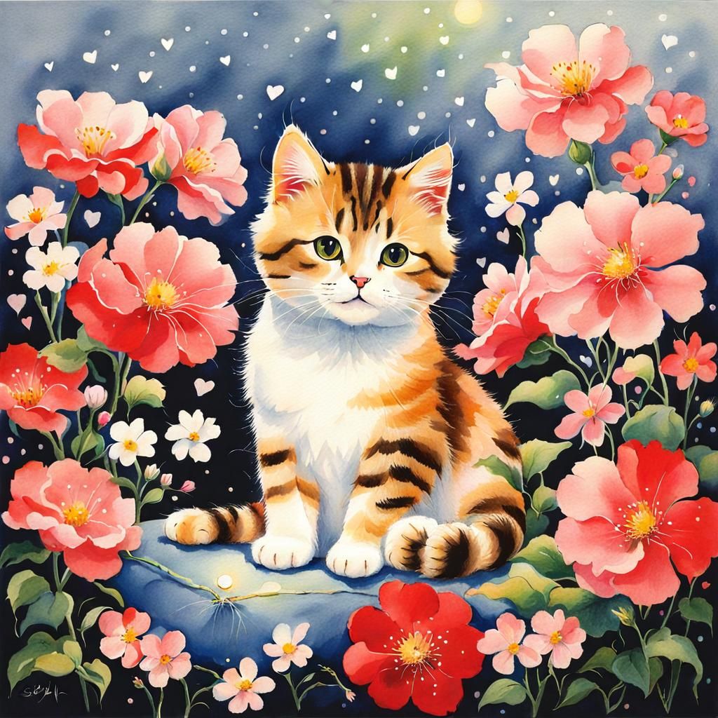 Cat on Pillow Surrounded by Flowers in Nihonga Style