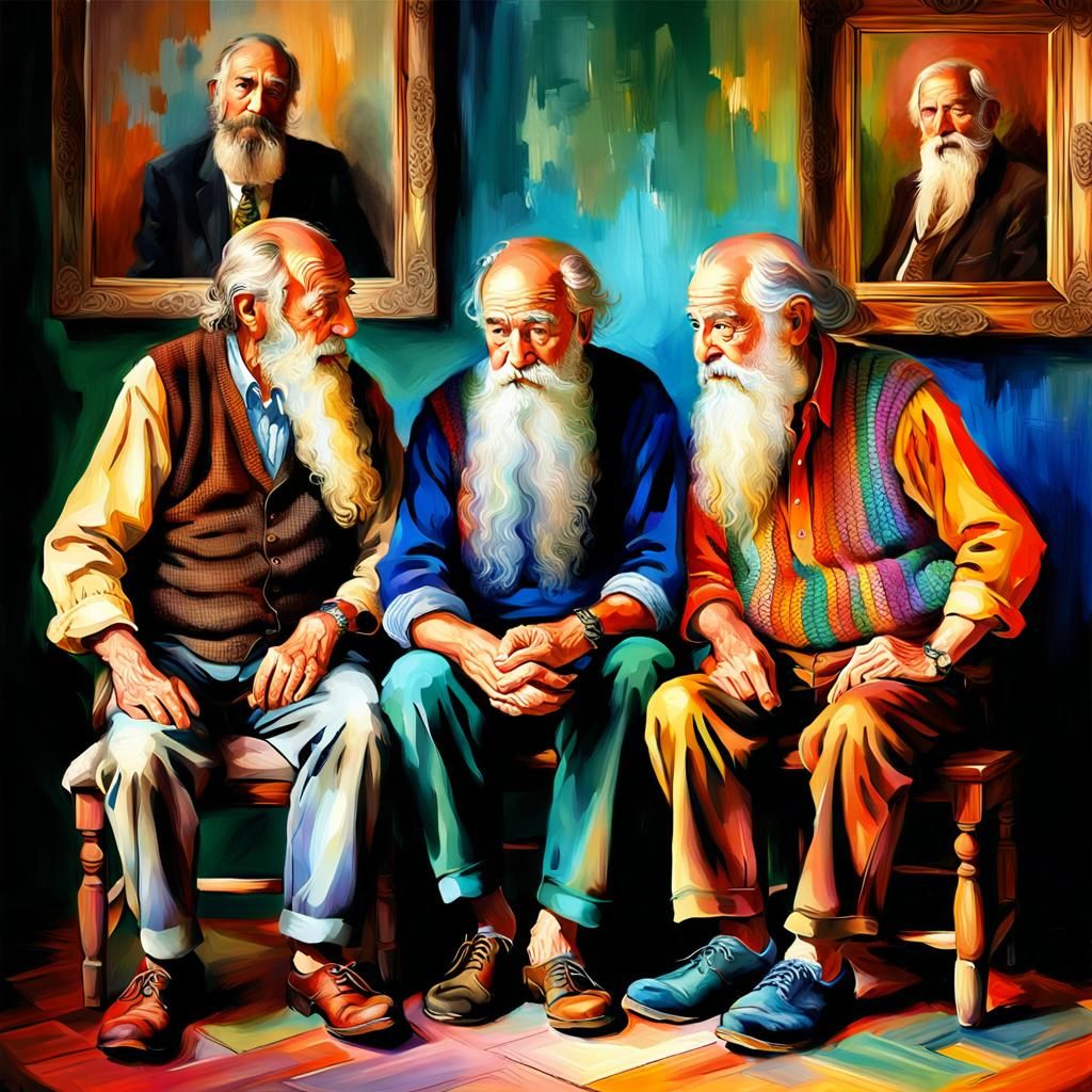 Elderly Men Compare Colorful Braided Beards