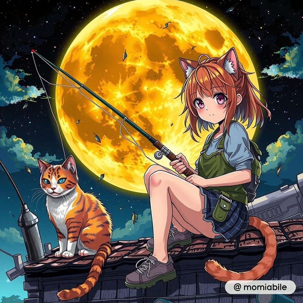 Anime Girl Fishing with Cat Under Moonlit Sky