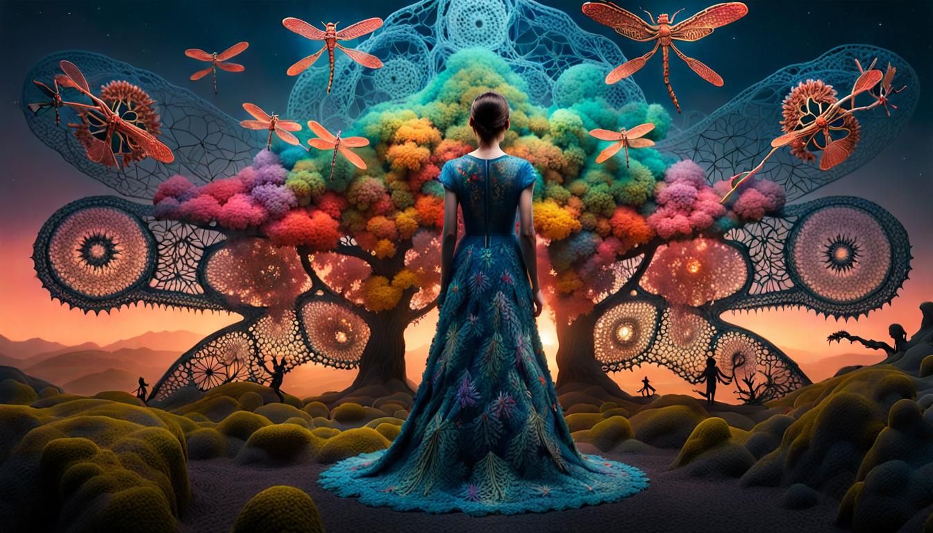 Dragonfly-Human Hybrid in Bioluminescent Mycelium Network