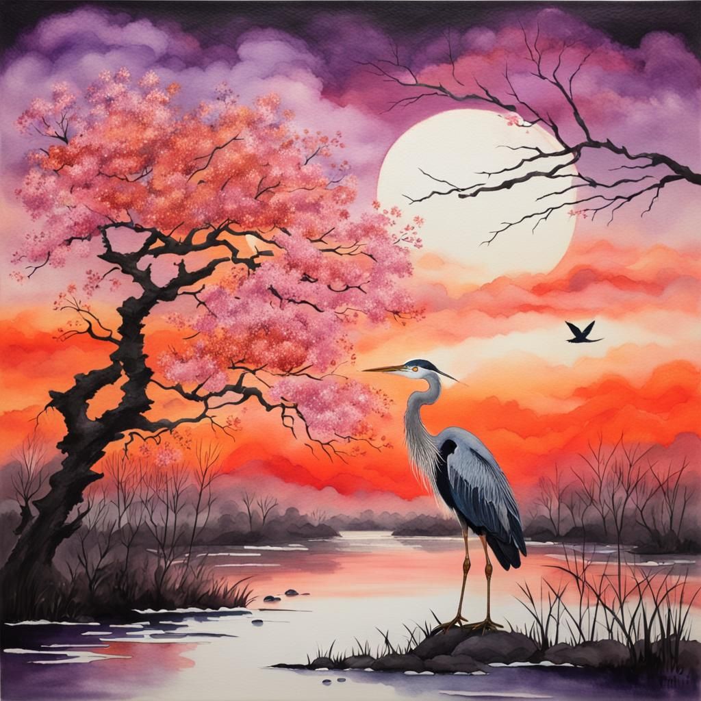 Sakura Tree and Heron at Dawn, Watercolour Style