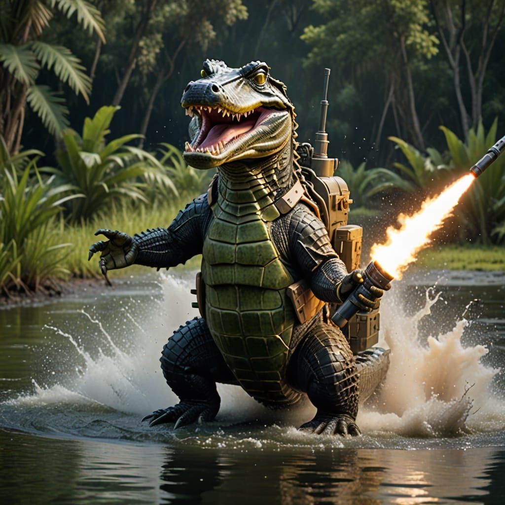 Cyberpunk Alligator Unleashes Torpedoes from its Submarine-L...