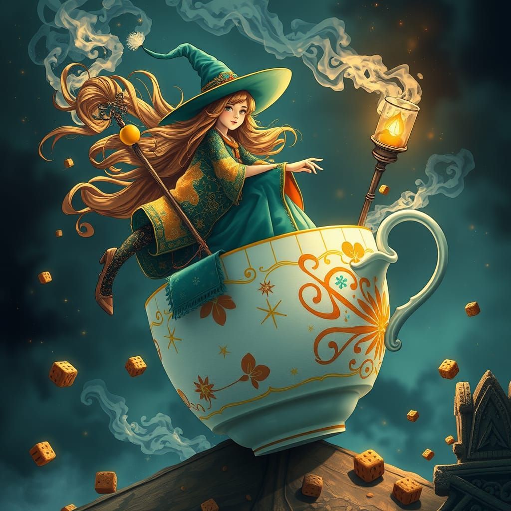 Whimsical Tea Witch Riding Majestic Porcelain Teacup