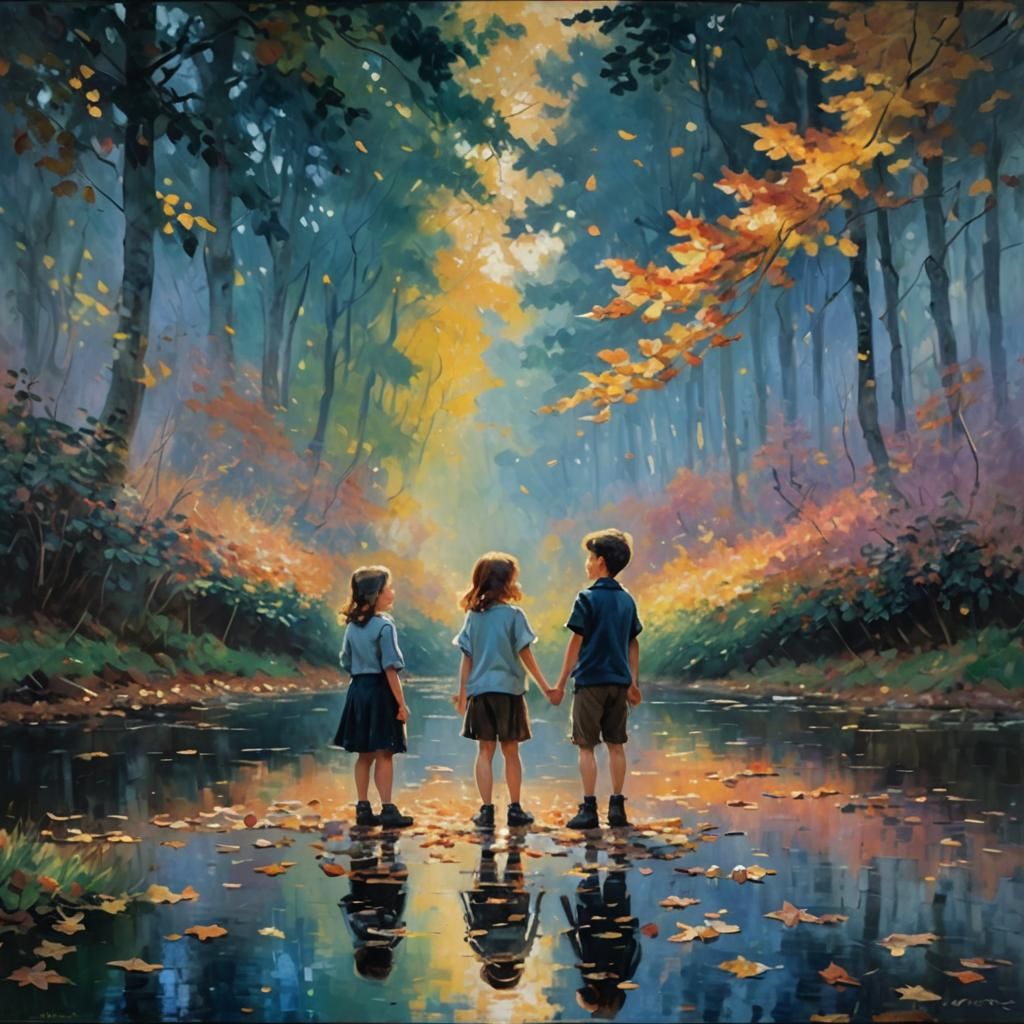 Children Playing in Autumn, Impressionist Painting