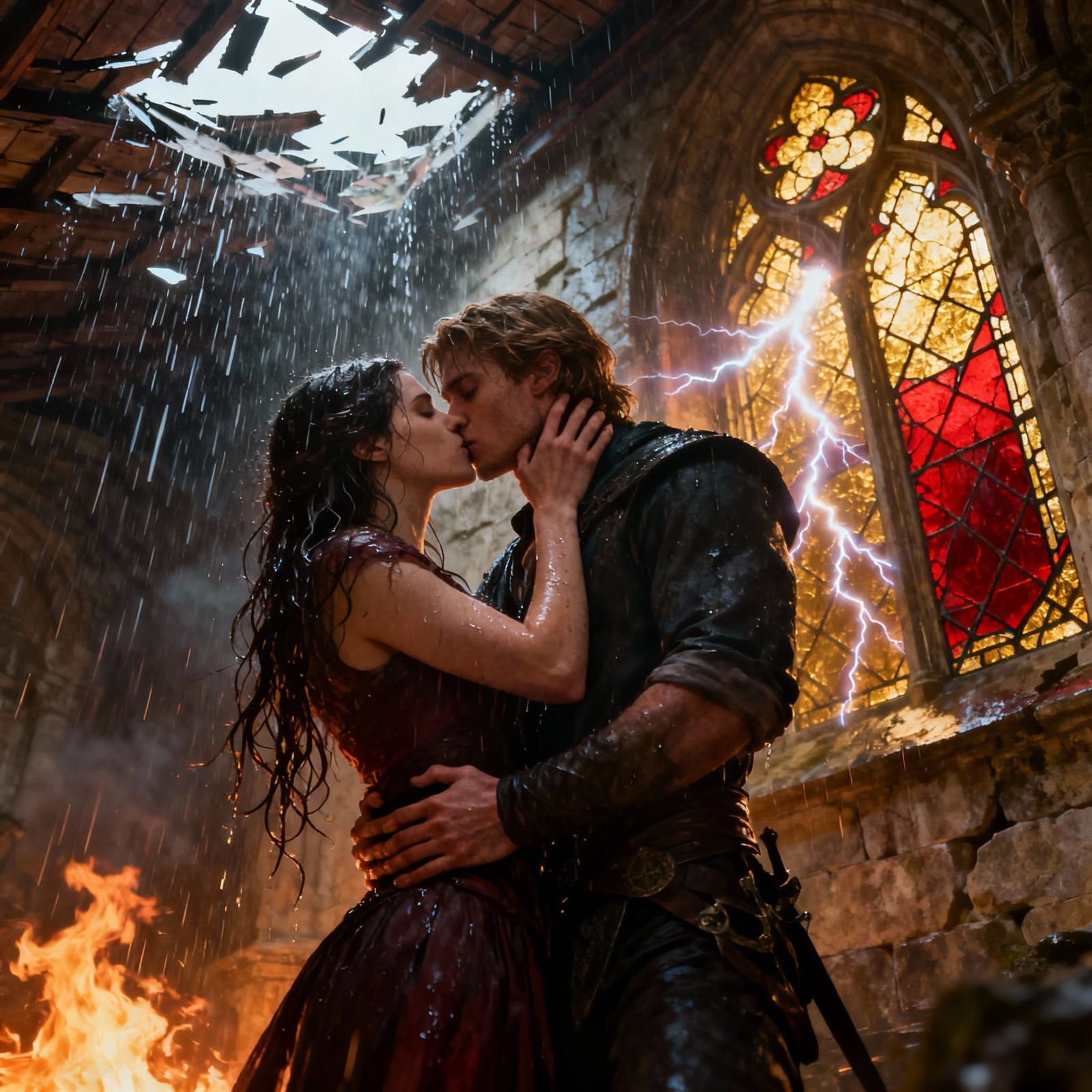 Dramatic Kiss Amidst Stormy Ruin