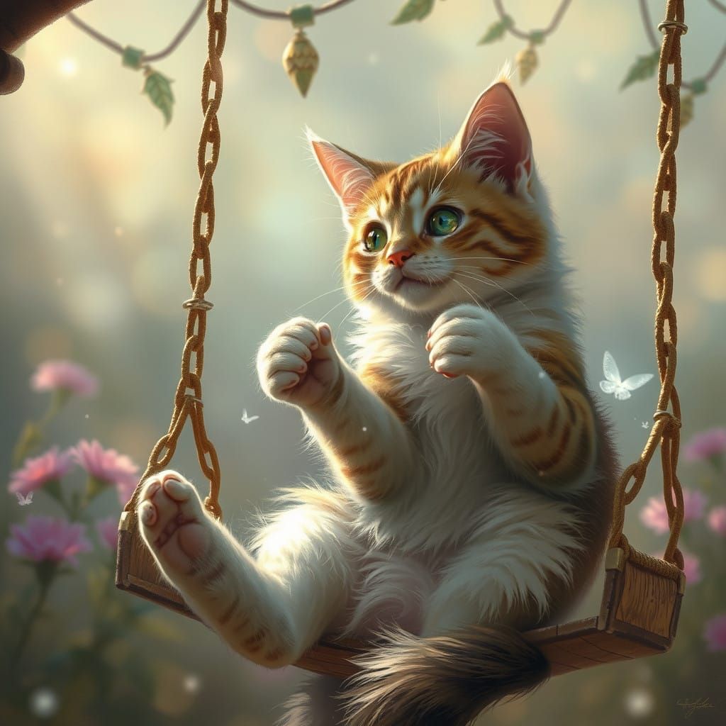 Whimsical Cat in Enchanted Swing Scene