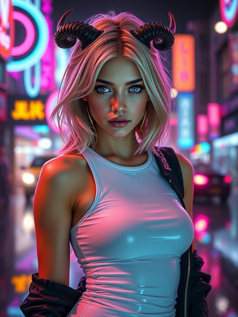 Cyberpunk Woman with Horns in Neon Cityscape