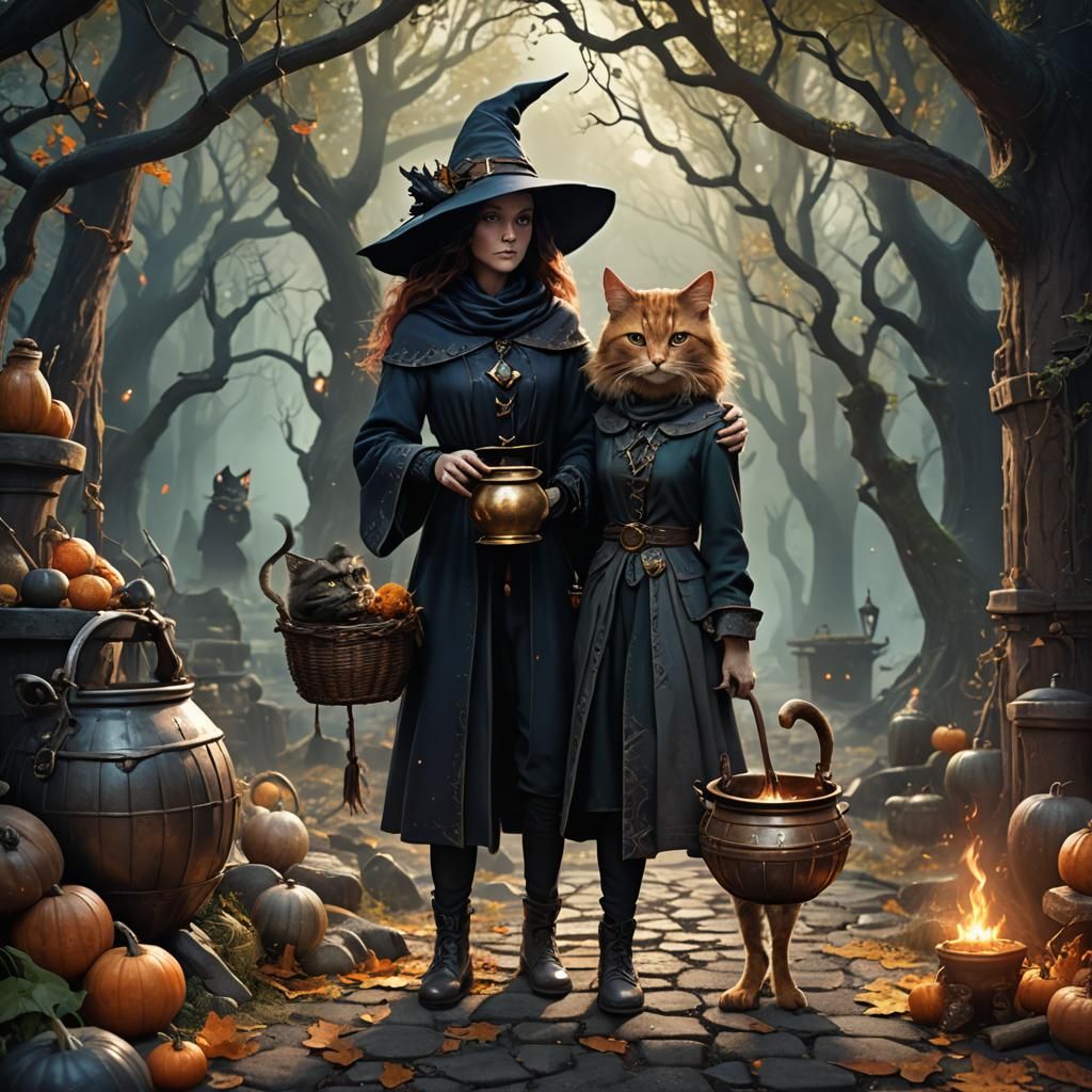 Whimsical Witch and Cat Spellcasting Fantasy Art
