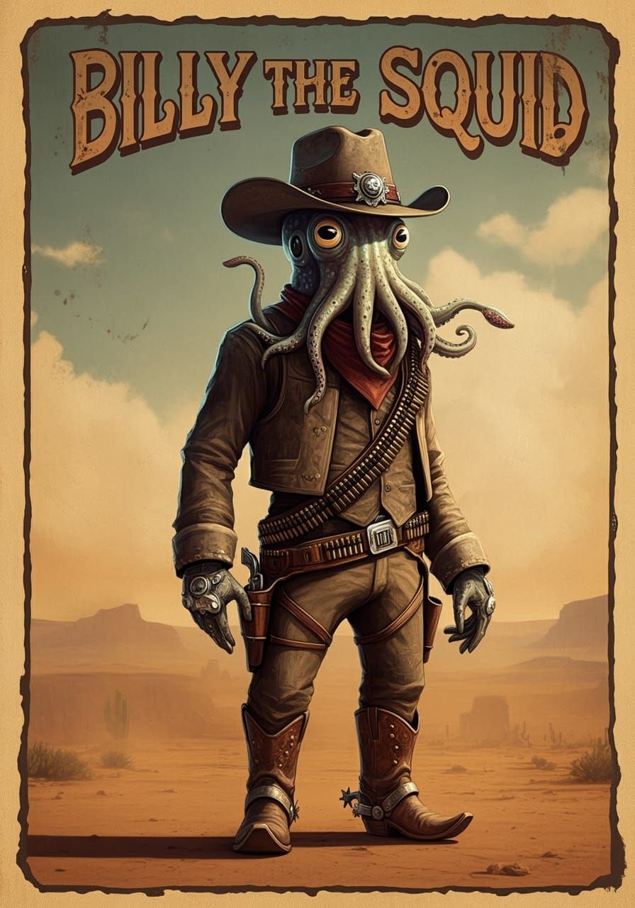 Cowboy Squid in Desert Landscape, Concept Art Style