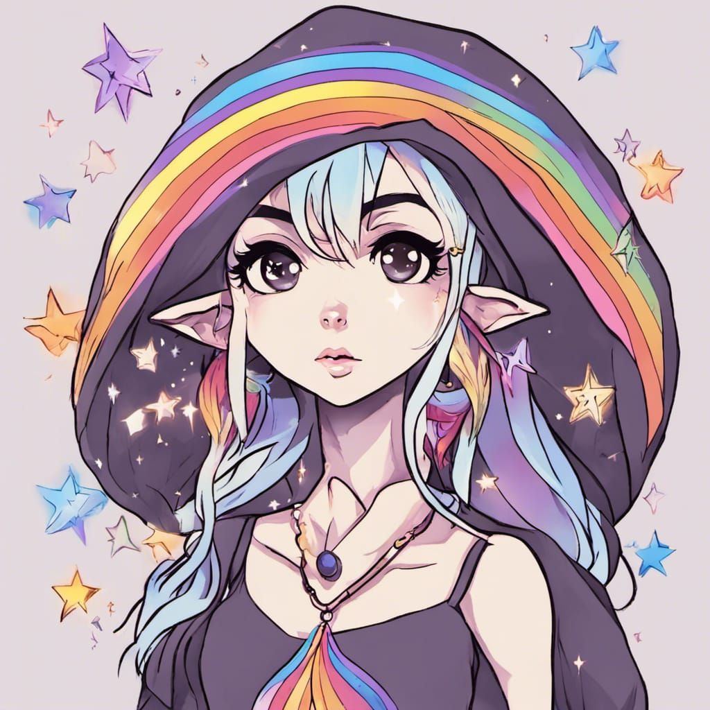 Whimsical Elf Mage with Stars and Rainbow