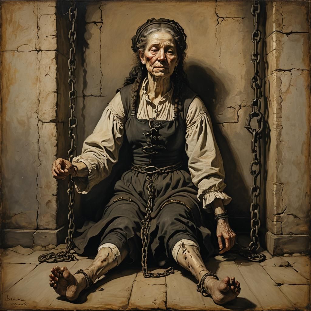Imprisoned Woman: A Haunting Portrait in Rembrandt Style
