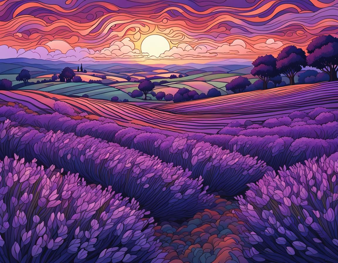 Ethereal Lavender Landscape bathed in Sunset's Warmth, a Vib...