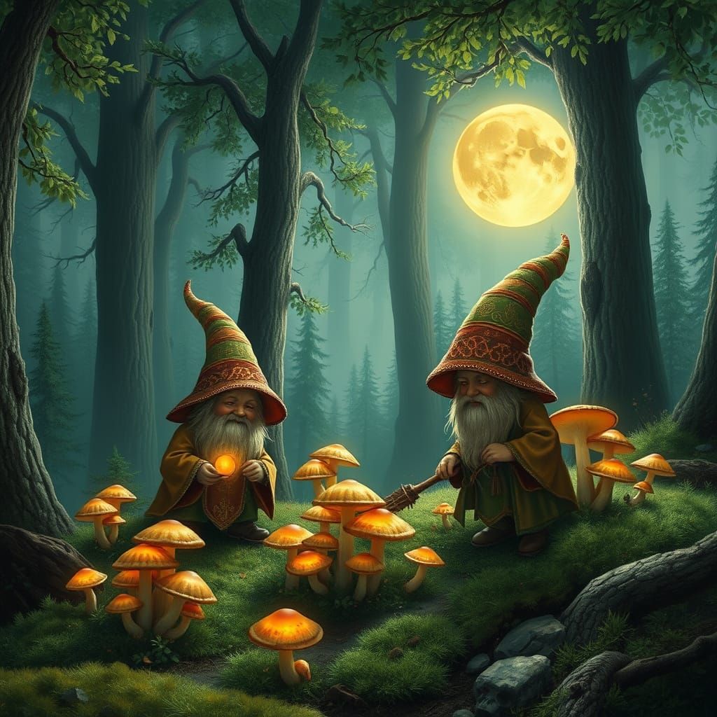 Gnomes in Emerald Forest Under Bright Full Moon