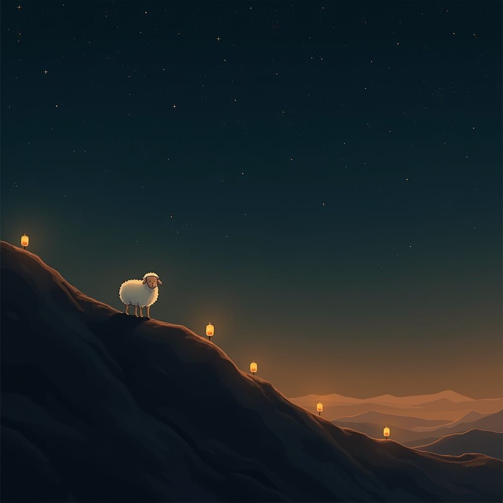 Sheep's Journey: Starry Desert Ascent in Anime Style