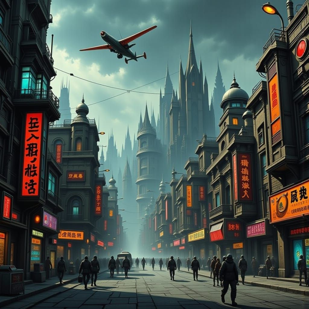 Malfunctioning Sci-Fi City with Lone Skimmer