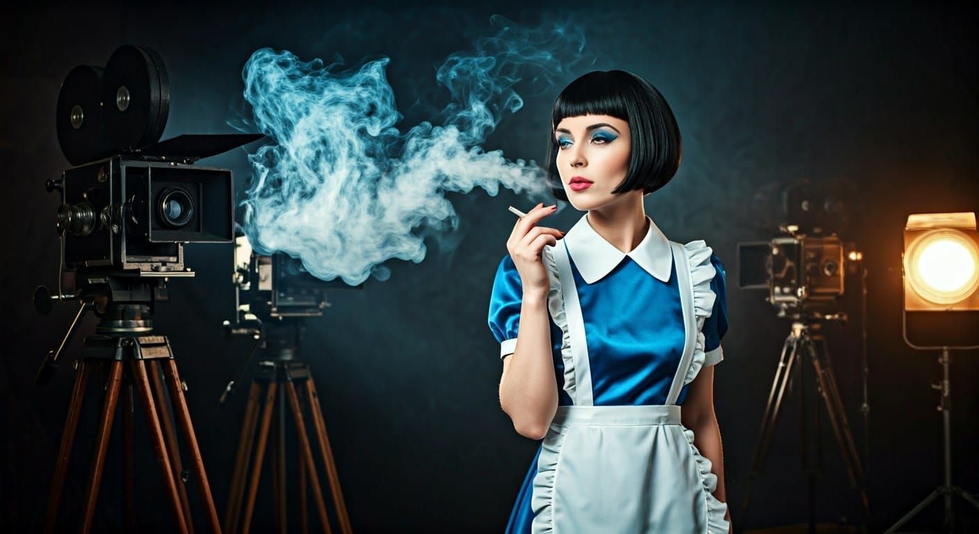 Vintage Film Actress in Blue Satin Dress