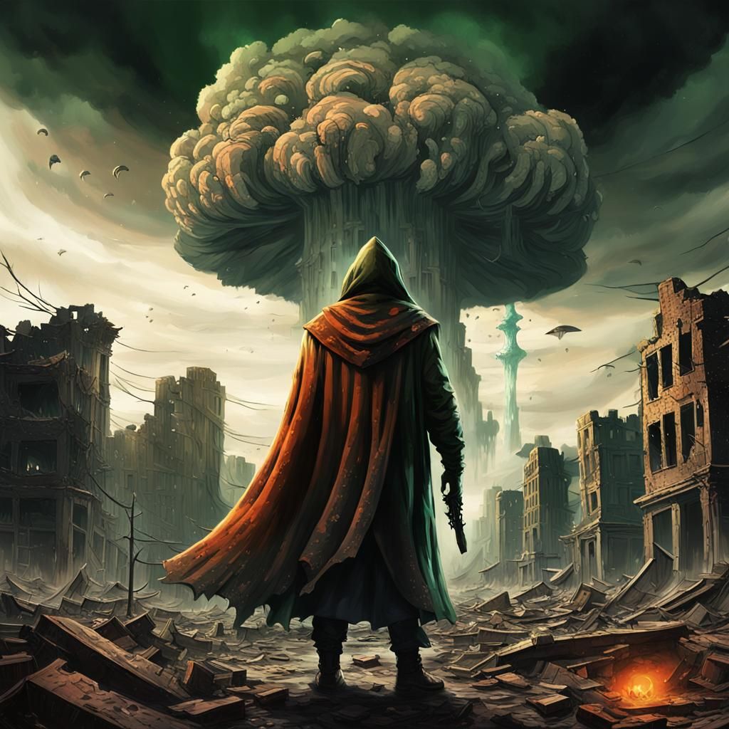 Ominous Figure in Post-Apocalyptic Dark Fantasy Landscape